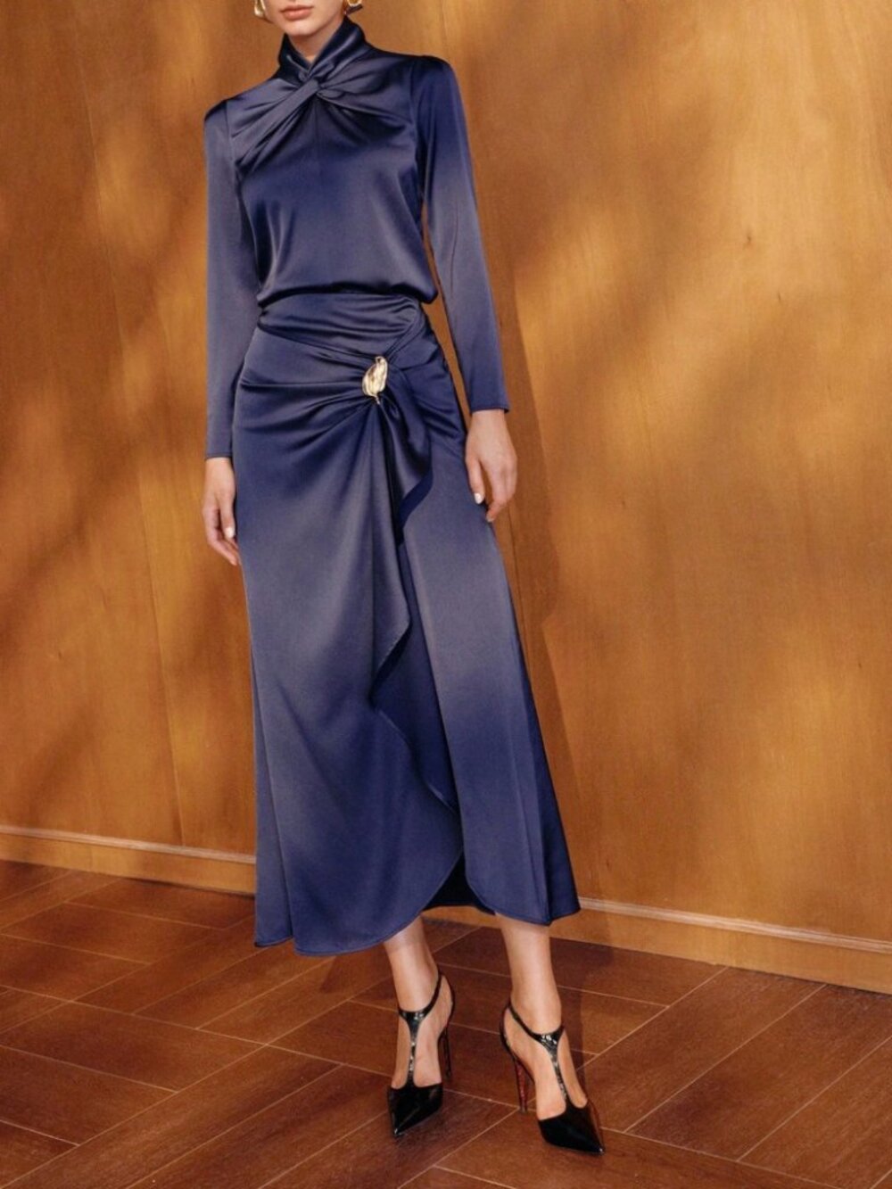 Navy Satin Twist-Neck Top & Draped Skirt Set